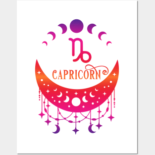 Rainbow Ombre Moon Phases and Capricorn Zodiac Symbol Posters and Art